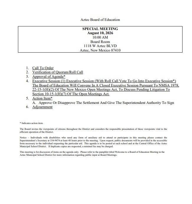 August 10, 2026 Special Board Meeting @ 10:00 A.M.
