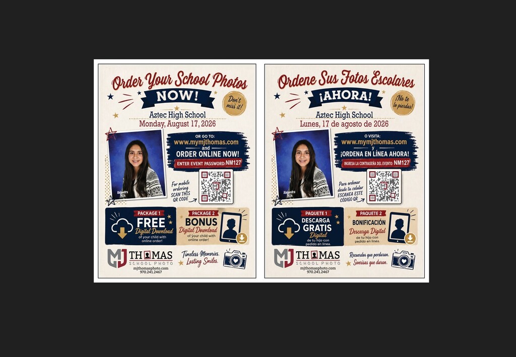 📸 Order Your School Photos Now! Aztec High School  📅 Photo Day: Monday, August 17, 2026  💻 Order Online  www.mymjthomas.com  🔑 Event Password  NM127  Timeless Memories. Lasting Smiles. 😊