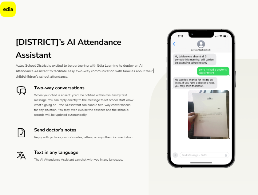 AI Attendance Assistant graphic explaining text-message communication between families and Aztec Municipal Schools, including attendance notifications, sending doctor’s notes or documentation, and communicating in any language.