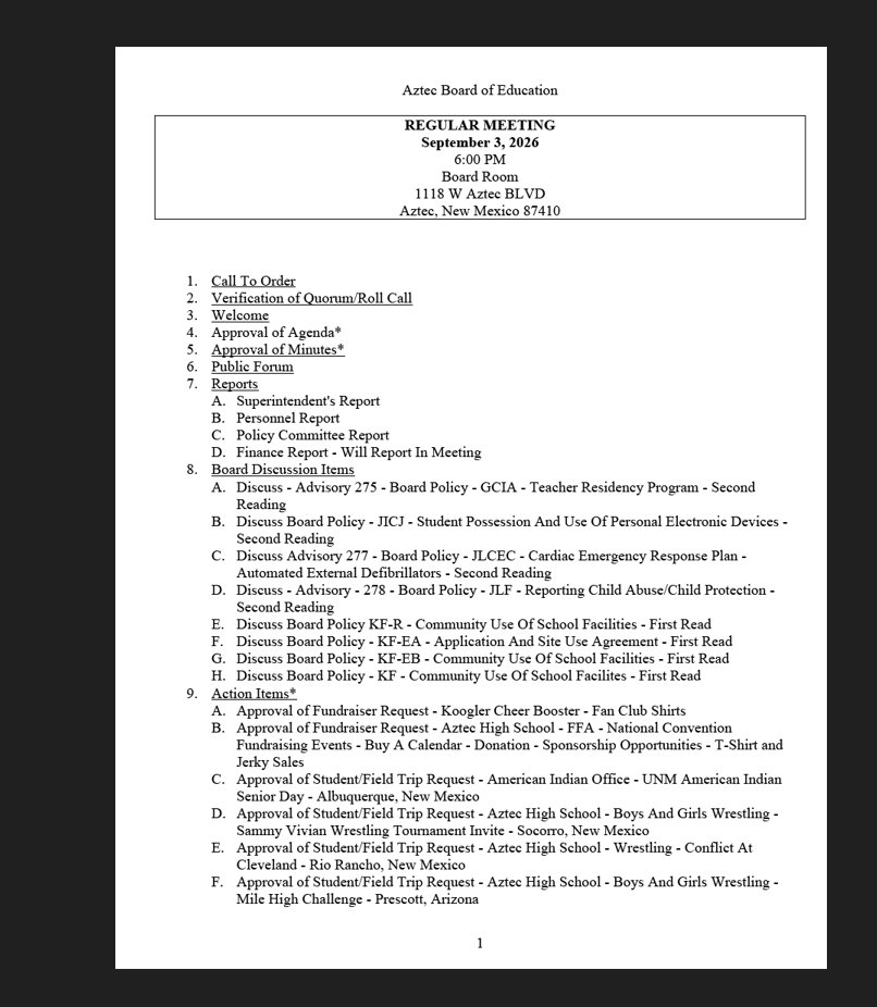 Aztec Board of Education - Regular Board Meeting - September 3, 2026 @ 6:00 P.M.