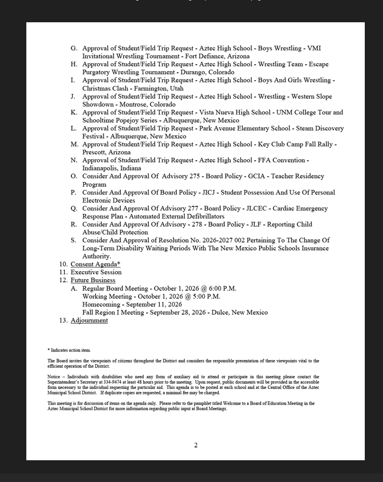 Aztec Board of Education - Regular Board Meeting - September 3, 2026 @ 6:00 P.M.