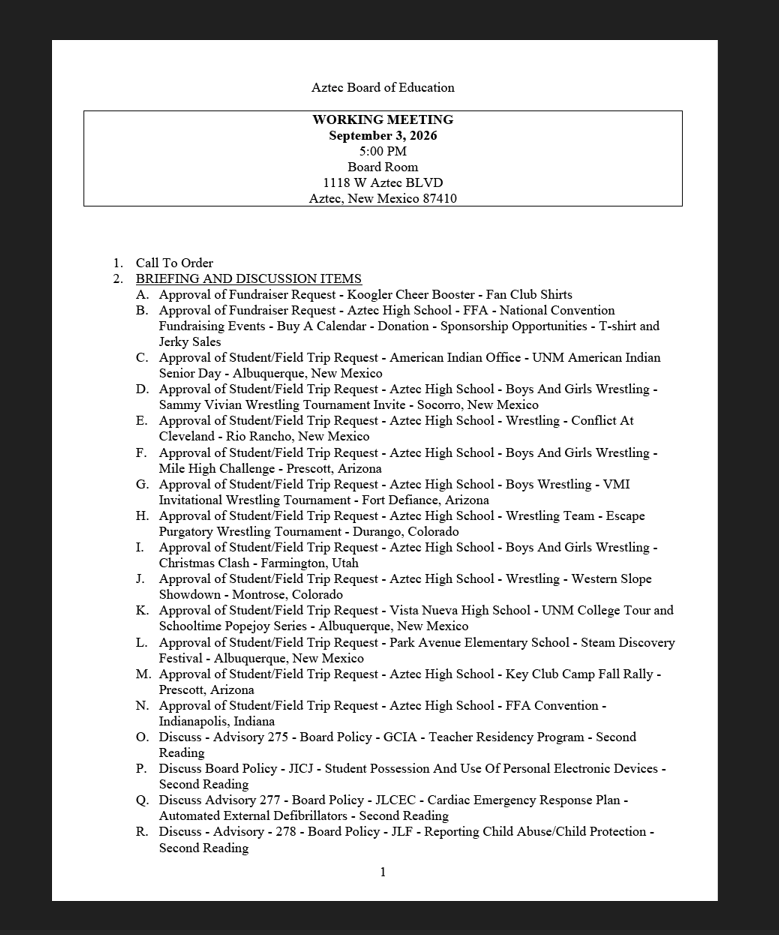 Aztec Board of Education - Working Meeting - September 3, 2026 @ 5:00 P.M.