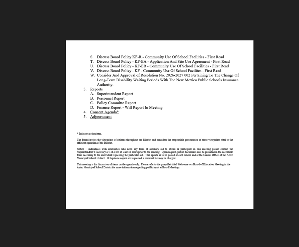 Aztec Board of Education - Working Meeting - September 3, 2026 @ 5:00 P.M.