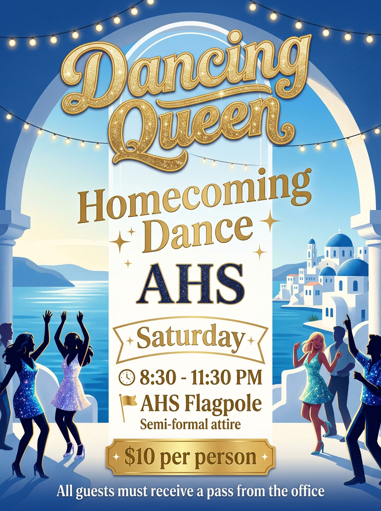 A collage of Aztec High School’s Mamma Mia Homecoming Week flyers. The flyers announce Spirit Week themes for Tuesday through Thursday, Monday’s Powderpuff Game at 7 PM at Fred Cook Stadium with $3 admission, Friday’s Homecoming pep rally, parade and football game, and Saturday’s Dancing Queen Homecoming Dance from 8:30–11:30 PM at the AHS flagpole for $10 per person. The theme is “Mamma Mia: Our Last Summer,” with Greek-island-inspired graphics, orange and blue school colors, music, beach, and dancing imagery.