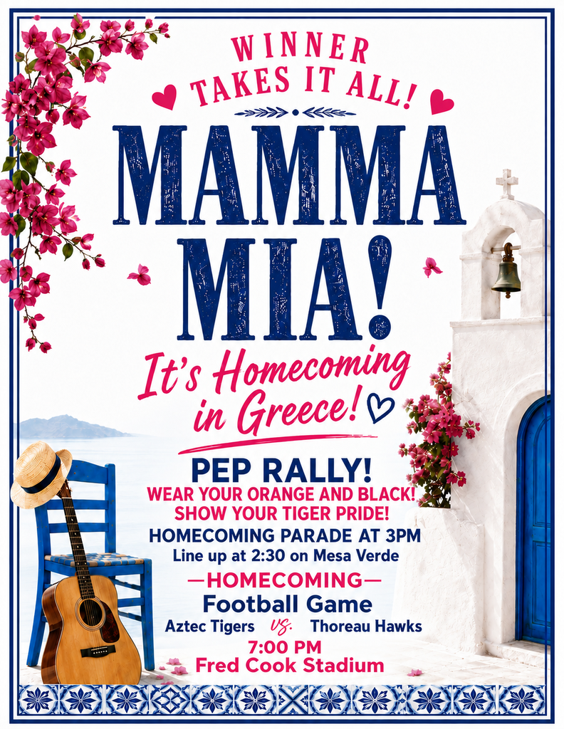 A collage of Aztec High School’s Mamma Mia Homecoming Week flyers. The flyers announce Spirit Week themes for Tuesday through Thursday, Monday’s Powderpuff Game at 7 PM at Fred Cook Stadium with $3 admission, Friday’s Homecoming pep rally, parade and football game, and Saturday’s Dancing Queen Homecoming Dance from 8:30–11:30 PM at the AHS flagpole for $10 per person. The theme is “Mamma Mia: Our Last Summer,” with Greek-island-inspired graphics, orange and blue school colors, music, beach, and dancing imagery.