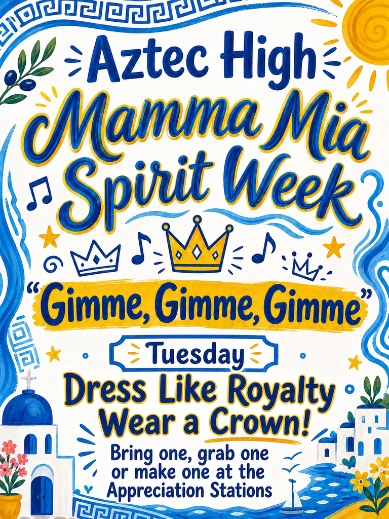 A collage of Aztec High School’s Mamma Mia Homecoming Week flyers. The flyers announce Spirit Week themes for Tuesday through Thursday, Monday’s Powderpuff Game at 7 PM at Fred Cook Stadium with $3 admission, Friday’s Homecoming pep rally, parade and football game, and Saturday’s Dancing Queen Homecoming Dance from 8:30–11:30 PM at the AHS flagpole for $10 per person. The theme is “Mamma Mia: Our Last Summer,” with Greek-island-inspired graphics, orange and blue school colors, music, beach, and dancing imagery.