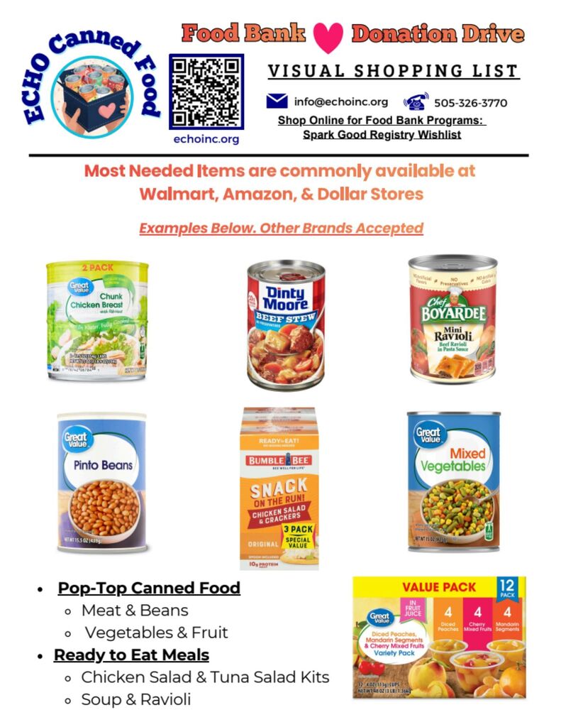 Food Bank Donation Drive flyer sponsored by the AHS Key Club. The flyer encourages donations to ECHO Food Bank and provides drop-off information for the Aztec High School football game on Friday, September 18, 2026. It includes a visual shopping list of suggested canned foods and ready-to-eat meals. Seniors can earn 0.5 hours of community service for every two items donated.
