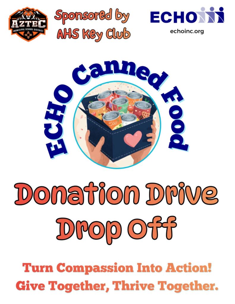 Food Bank Donation Drive flyer sponsored by the AHS Key Club. The flyer encourages donations to ECHO Food Bank and provides drop-off information for the Aztec High School football game on Friday, September 18, 2026. It includes a visual shopping list of suggested canned foods and ready-to-eat meals. Seniors can earn 0.5 hours of community service for every two items donated.