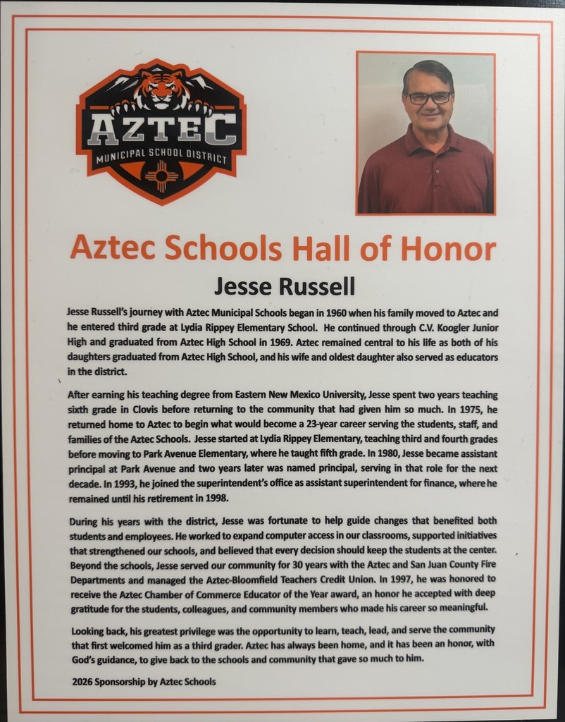 Photos from Friday night's Aztec Schools Hall of Honor induction ceremony, featuring 2026 inductees Jesse Russell, Bill Francis, and J. Jacob Saiz being recognized on the football field. Additional photos show plaques honoring each inductee. Photos by Landry Bentley.