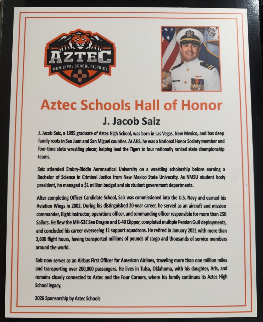 Photos from Friday night's Aztec Schools Hall of Honor induction ceremony, featuring 2026 inductees Jesse Russell, Bill Francis, and J. Jacob Saiz being recognized on the football field. Additional photos show plaques honoring each inductee. Photos by Landry Bentley.