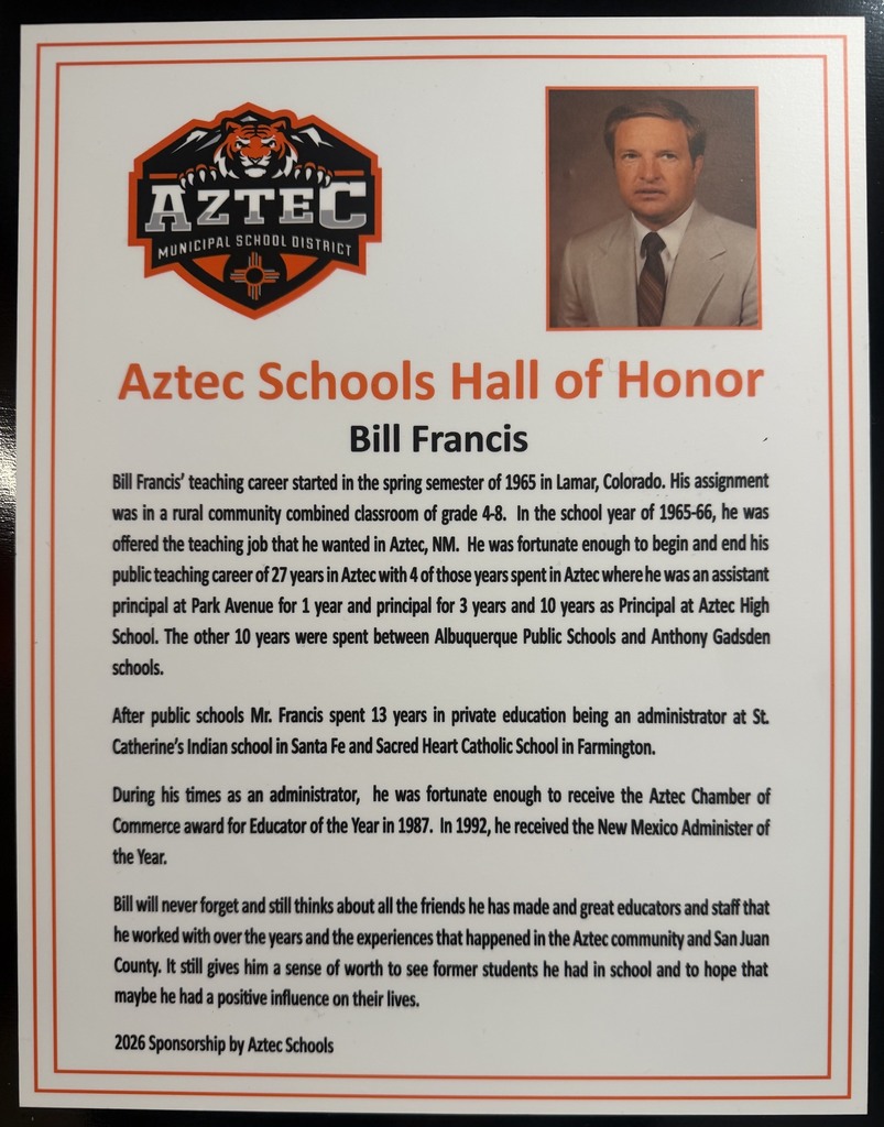 Photos from Friday night's Aztec Schools Hall of Honor induction ceremony, featuring 2026 inductees Jesse Russell, Bill Francis, and J. Jacob Saiz being recognized on the football field. Additional photos show plaques honoring each inductee. Photos by Landry Bentley.