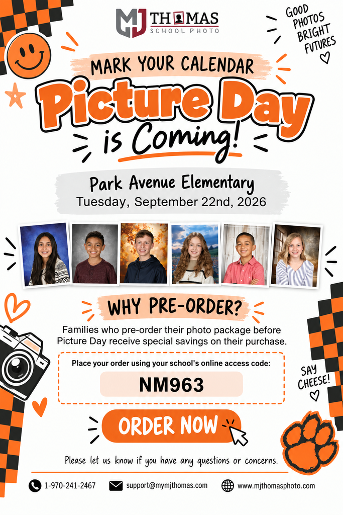 Flyer announcing Park Avenue Elementary’s Picture Day on Tuesday, September 22, 2026. Features the MJ Thomas School Photo logo, student portrait examples, orange and black school-themed decorations, and information about pre-ordering photo packages using access code NM963. Includes an “Order Now” call to action and customer service contact information.