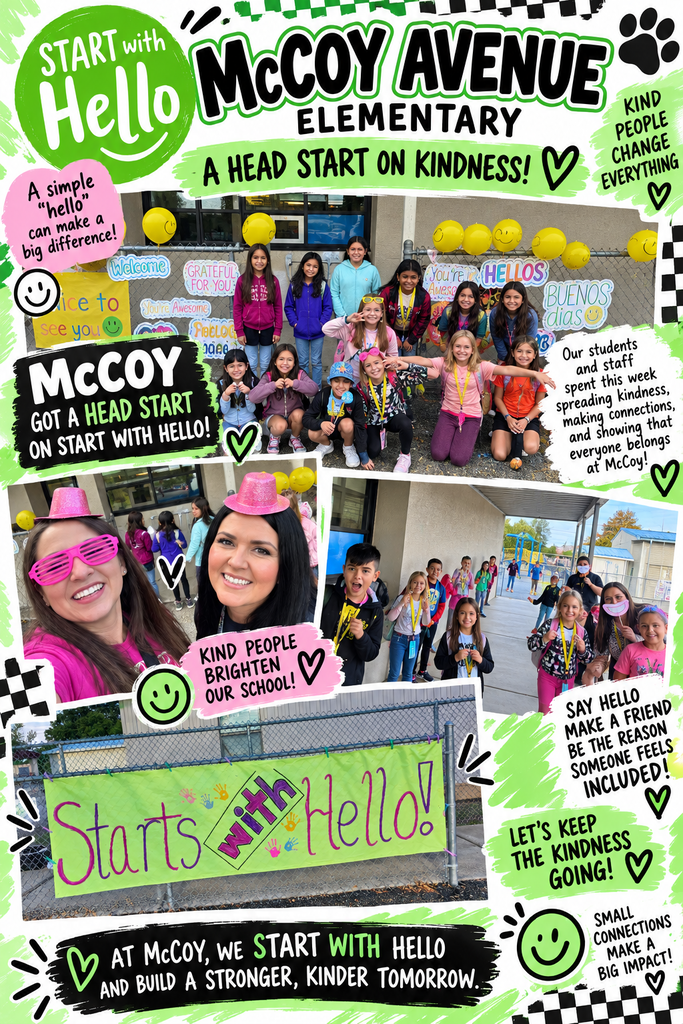 Start With Hello Week graphic for Aztec Municipal Schools featuring McCoy Avenue Elementary students and staff participating in kindness and connection activities. The graphic includes photos of smiling students, staff, colorful “Start With Hello” decorations and a large handmade “Starts with Hello!” banner. Text highlights McCoy getting a head start on Start With Hello and encourages students to say hello, make a friend, and help others feel included. The graphic also promotes Start With Hello Week, September 21–25, 2026, with a focus on kindness, connection, and belonging.