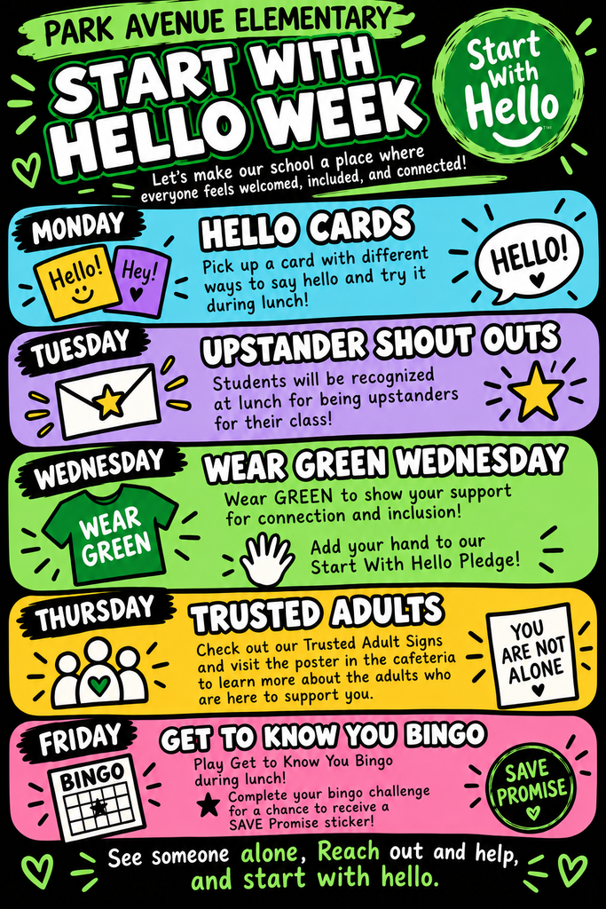 Start With Hello Week graphic for Aztec Municipal Schools featuring McCoy Avenue Elementary students and staff participating in kindness and connection activities. The graphic includes photos of smiling students, staff, colorful “Start With Hello” decorations and a large handmade “Starts with Hello!” banner. Text highlights McCoy getting a head start on Start With Hello and encourages students to say hello, make a friend, and help others feel included. The graphic also promotes Start With Hello Week, September 21–25, 2026, with a focus on kindness, connection, and belonging.