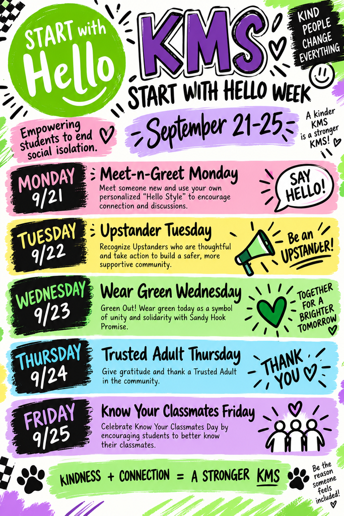 Start With Hello Week graphic for Aztec Municipal Schools featuring McCoy Avenue Elementary students and staff participating in kindness and connection activities. The graphic includes photos of smiling students, staff, colorful “Start With Hello” decorations and a large handmade “Starts with Hello!” banner. Text highlights McCoy getting a head start on Start With Hello and encourages students to say hello, make a friend, and help others feel included. The graphic also promotes Start With Hello Week, September 21–25, 2026, with a focus on kindness, connection, and belonging.