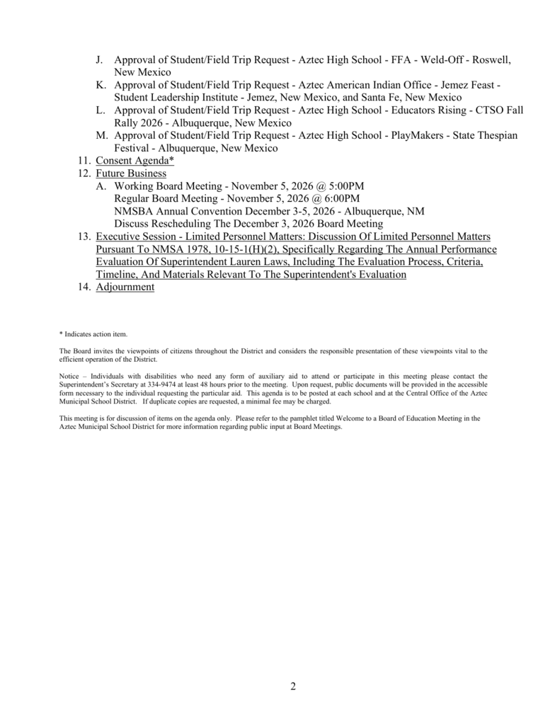 Agenda for the Aztec Board of Education Regular Meeting on October 1, 2026, at 6:00 PM. Includes presentations, public forum, reports, board discussion items, action items, consent agenda, future business, and executive session.