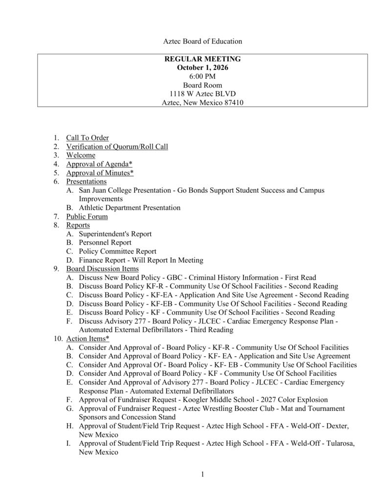 Agenda for the Aztec Board of Education Regular Meeting on October 1, 2026, at 6:00 PM. Includes presentations, public forum, reports, board discussion items, action items, consent agenda, future business, and executive session.