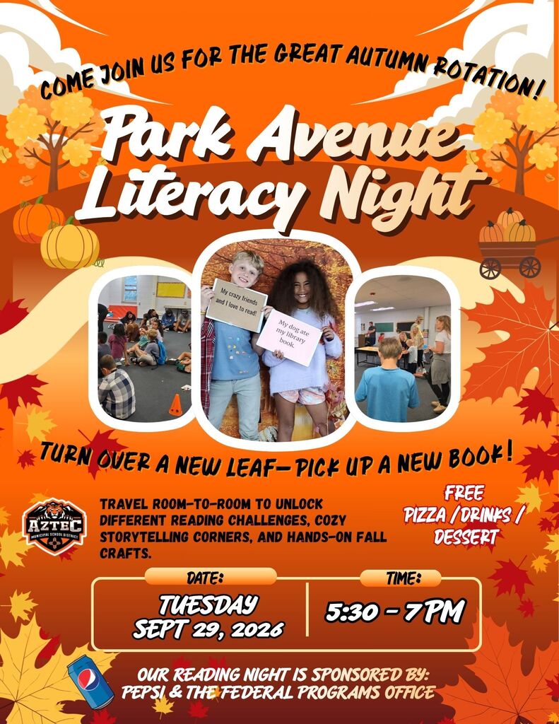 Fall-themed flyer for Park Avenue Elementary’s Fall Reading Night on September 29 from 5:30–7:00 PM. Features photos of students reading, fall decorations, and information about reading challenges, storytelling, crafts, and free pizza, drinks, and dessert.
