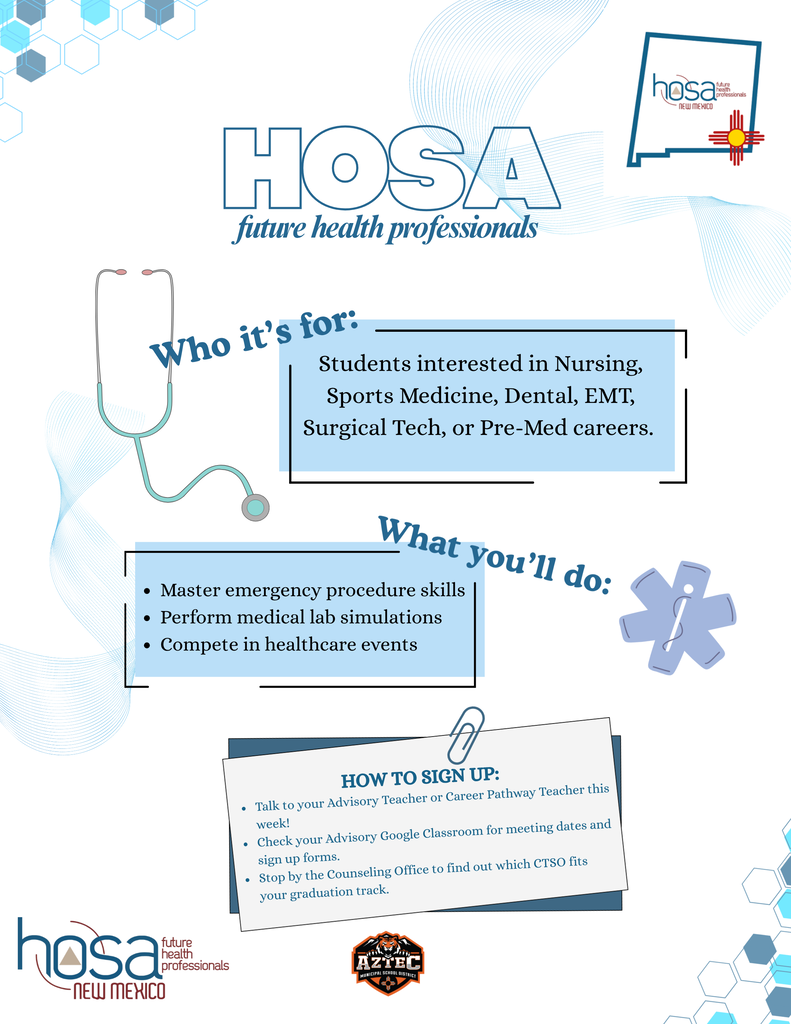 ### Generic Alt Text: **Aztec High School Career & Technical Student Organizations flyers highlighting student opportunities through HOSA, SkillsUSA, Educators Rising, and FFA, including hands-on learning, leadership, career exploration, competitions, scholarships, and real-world experiences.**