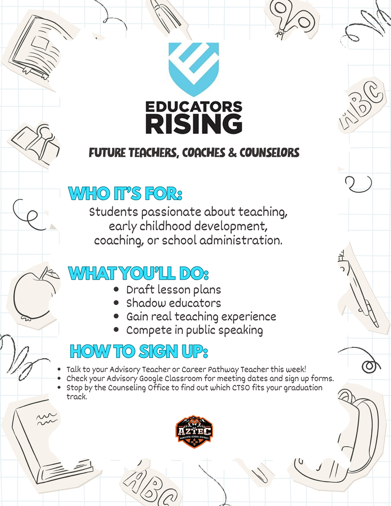 ### Generic Alt Text: **Aztec High School Career & Technical Student Organizations flyers highlighting student opportunities through HOSA, SkillsUSA, Educators Rising, and FFA, including hands-on learning, leadership, career exploration, competitions, scholarships, and real-world experiences.**