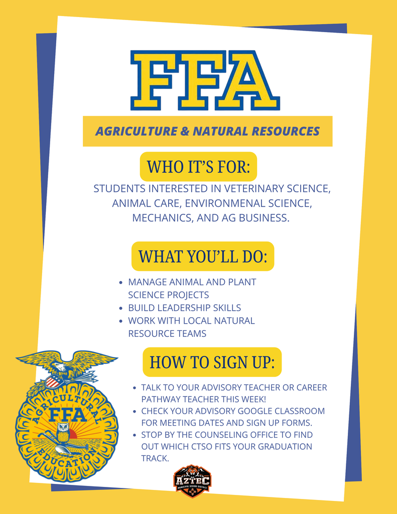 ### Generic Alt Text: **Aztec High School Career & Technical Student Organizations flyers highlighting student opportunities through HOSA, SkillsUSA, Educators Rising, and FFA, including hands-on learning, leadership, career exploration, competitions, scholarships, and real-world experiences.**