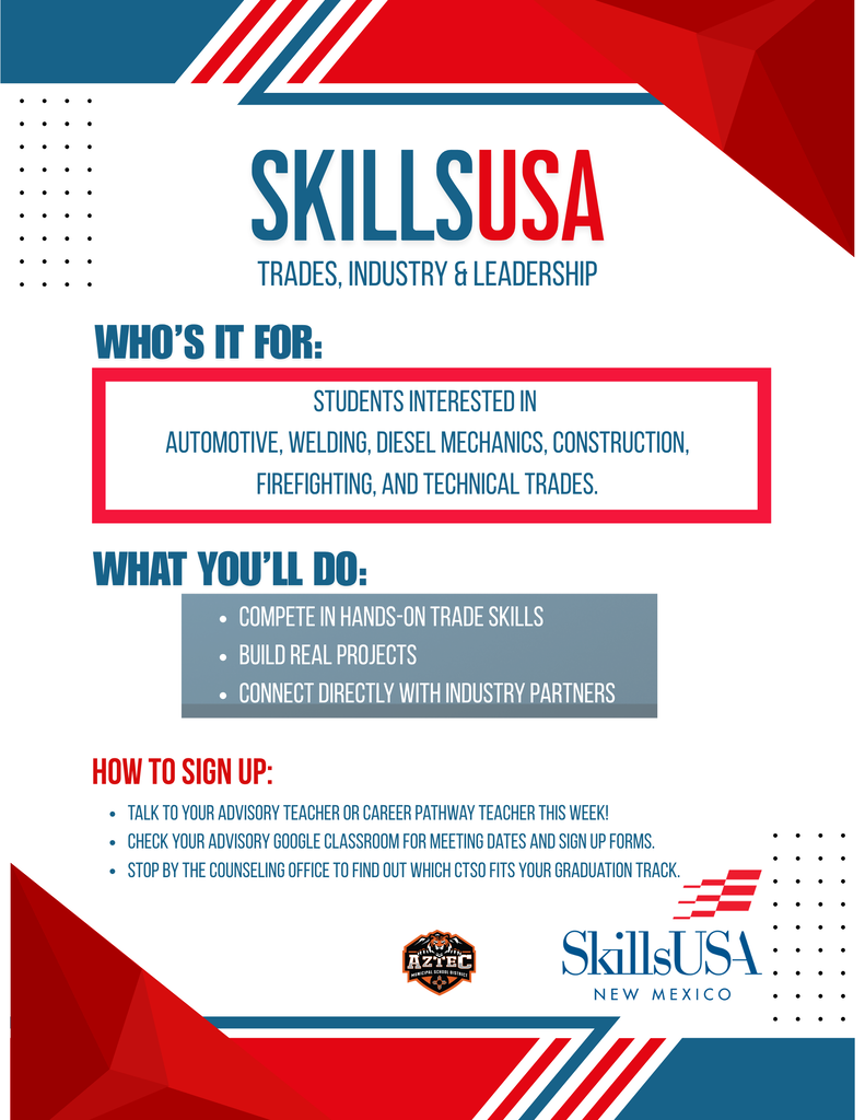 ### Generic Alt Text: **Aztec High School Career & Technical Student Organizations flyers highlighting student opportunities through HOSA, SkillsUSA, Educators Rising, and FFA, including hands-on learning, leadership, career exploration, competitions, scholarships, and real-world experiences.**