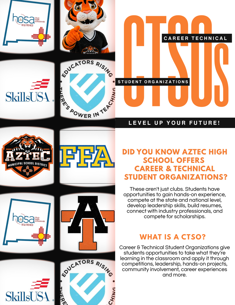 ### Generic Alt Text: **Aztec High School Career & Technical Student Organizations flyers highlighting student opportunities through HOSA, SkillsUSA, Educators Rising, and FFA, including hands-on learning, leadership, career exploration, competitions, scholarships, and real-world experiences.