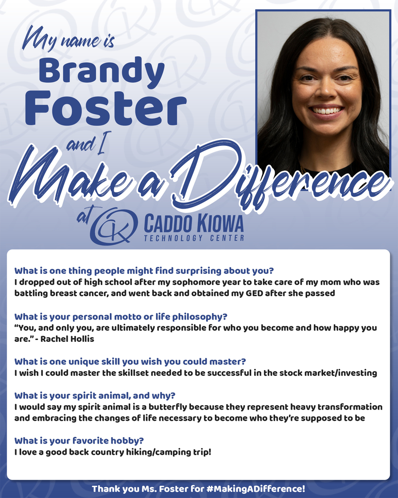 ⭐️ DIFFERENCE MAKER ⭐️ at CKTC! Brandy Foster is the TDT Administrative Assistant and has worked at CKTC for just shy of a year now! Thank you Ms. Foster for #MakingADifference! #CKTC | #MakingADifference