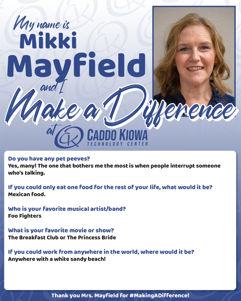 ⭐️ DIFFERENCE MAKER ⭐️ at CKTC!  Mikki Mayfield is the Occupational Therapy Assistant Instructor/Fieldwork Coordinator at CKTC and is in her 10th year!  Thank you Mrs. Mayfield  for #MakingADifference!  #CKTC | #MakingADifference