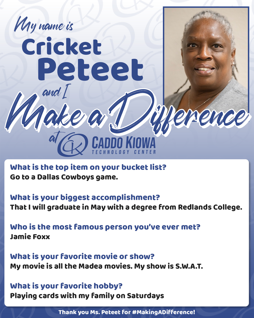 ⭐️ DIFFERENCE MAKER ⭐️ at CKTC! Cricket Peteet is an Early Care and Education Assistant here at CKTC and is in her 13th year of employment! Thank you Ms. Peteet for #MakingADifference! #CKTC | #MakingADifference