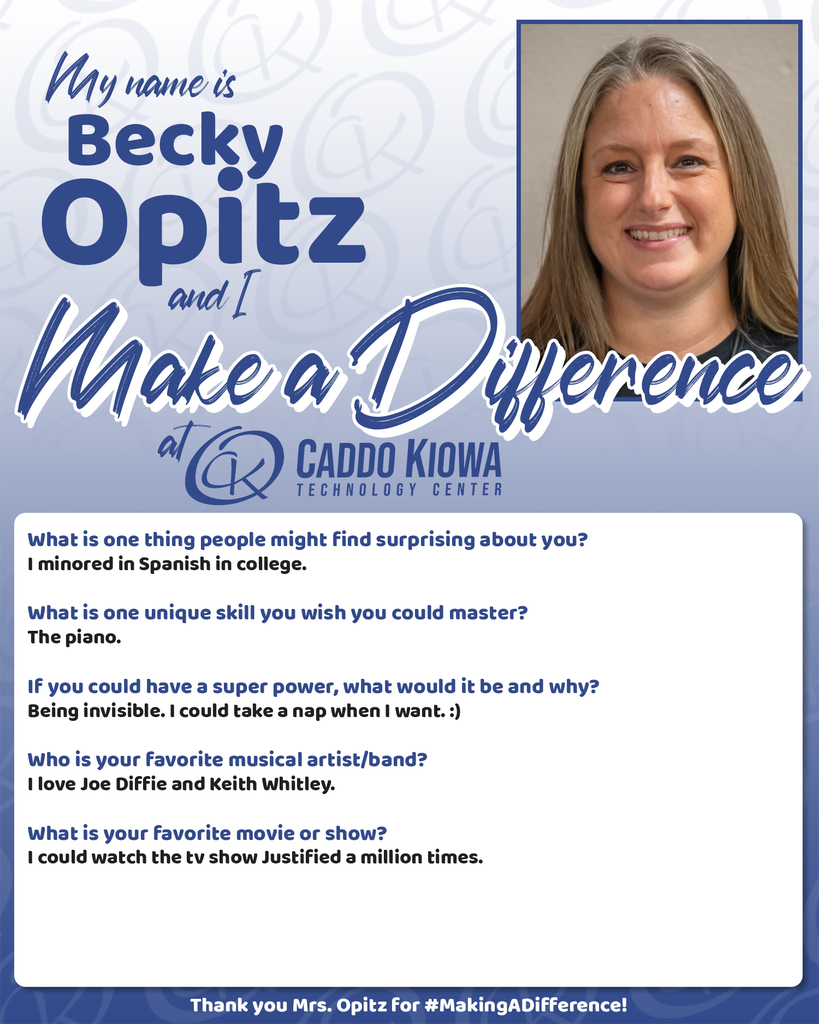 ⭐️ DIFFERENCE MAKER ⭐️ at CKTC! Becky Opitz is an Instructional Assistant/Recruitment Specialist here at CKTC and is in her 4th year! Thank you Mrs. Opitz for #MakingADifference! #CKTC | #MakingADifference