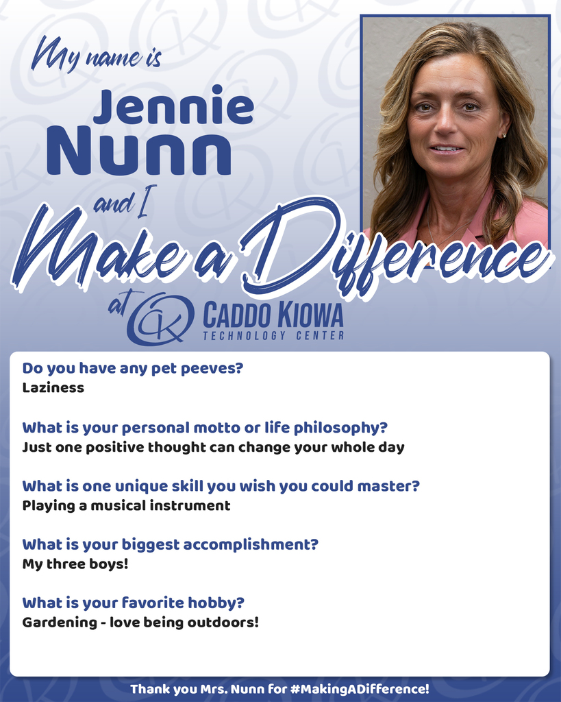 ⭐️ DIFFERENCE MAKER ⭐️ at CKTC! Jennie Nunn is the Superintendent here at CKTC and is in her 12th year of employment! Thank you Mrs. Nunn for #MakingADifference! #CKTC | #MakingADifference