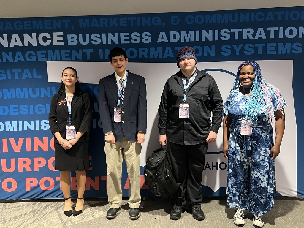 Shya Reynolds of Anadarko High school, Julian BigBow of Carnegie High School, Damion Ratliff of Anadarko and Hannah Berkley of Verden at the BPA State Leadership Conference in Tulsa. They competed in their respective events yesterday and are now at the awards assembly Sponsors Jeremy Wright and Tricia Pierce are attending with their students.
