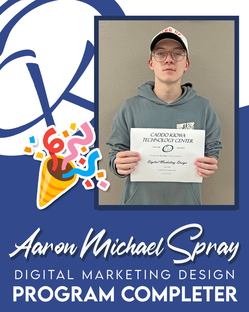 CONGRATULATIONS to Aaron Michael Spray who is a PROGRAM COMPLETER here at CKTC! He recently completed his Digital Marketing Design certificate. Great work, sir! #CKTC | #ProgramCompleter | #OkCareerTech | #MakingADifference