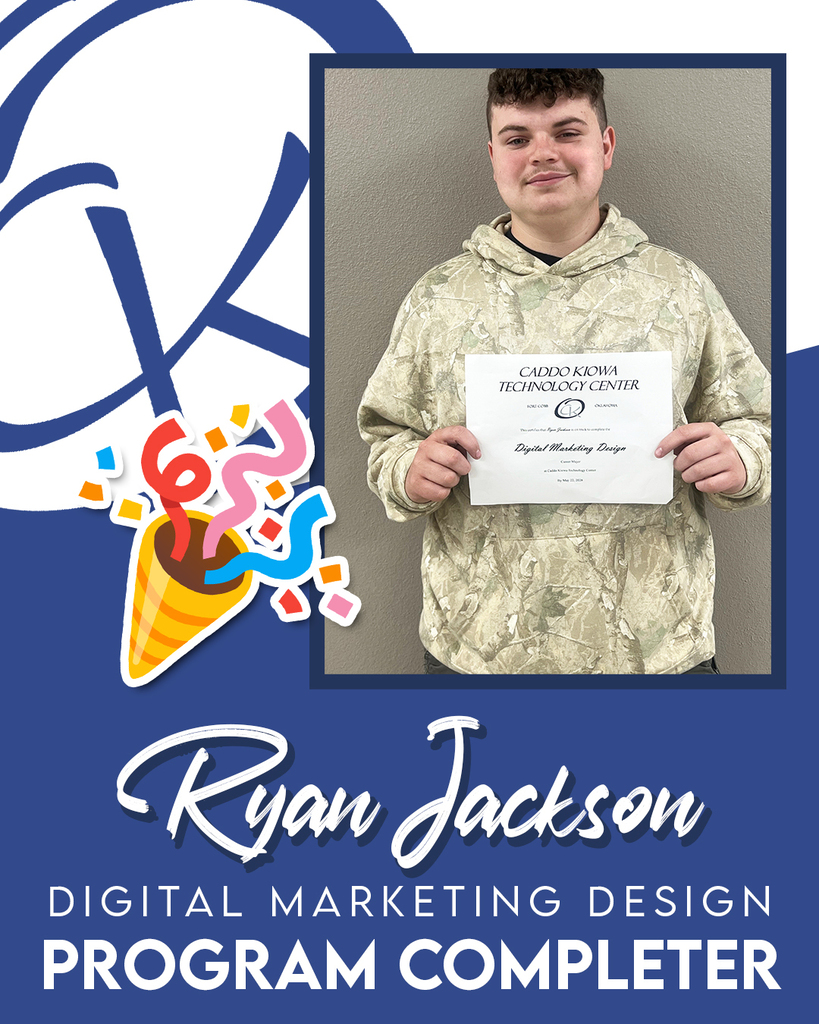CONGRATULATIONS to Ryan Jackson who is a PROGRAM COMPLETER here at CKTC! He recently completed his Digital Marketing Design certificate. Great work, Ryan! #CKTC | #ProgramCompleter | #OkCareerTech | #MakingADifference