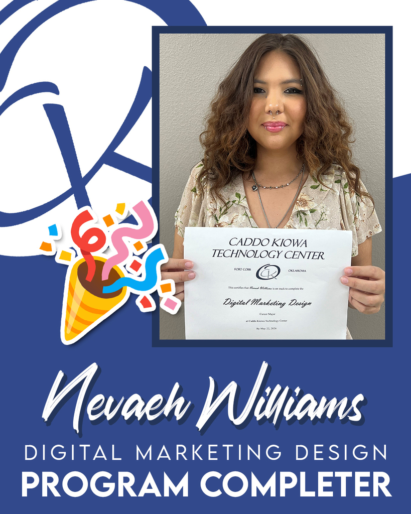 CONGRATULATIONS to Nevaeh Williams who is a PROGRAM COMPLETER here at CKTC! She recently completed her Digital Marketing Design certificate. Great work, Nevaeh! #CKTC | #ProgramCompleter | #OkCareerTech | #MakingADifference