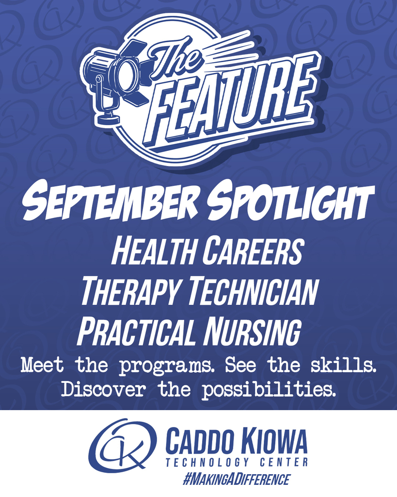 ✨ BRAND NEW at CKTC — introducing The Feature! 🔦  Each month, we’ll shine the spotlight on a few of the amazing programs here at Caddo Kiowa Technology Center and give you a closer look at what makes them special.  We want you to meet the programs, see the skills, and discover the possibilities waiting for you at CKTC. 👏  At CKTC, we’re proud to be Making a Difference every single day — and we’d love for you to come make a difference with us! 💛  This month, The Feature shines on:  🩺 Health Careers 💪 Therapy Technician 👩‍⚕️ Practical Nursing  #CKTC | #TheFeature | #September | #HealthCareers | #TherapyTechnician | #PracticalNursing | #OkCareerTech | #MakingADifference 