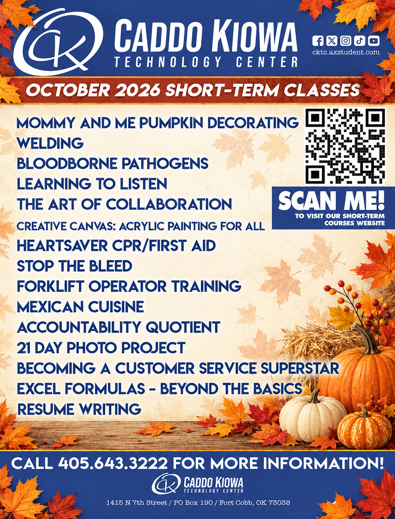 📚 Check out the short-term classes coming to CKTC this October! Whether you’re looking to learn a new skill, sharpen your current skills, or try something new, we’ve got opportunities for you! 🙌  📞 For more information, call 405.643.3222.  #CKTC | #ShortTermClasses | #September | #MakingADifference