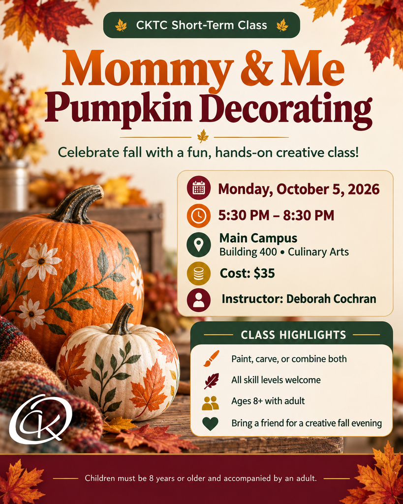 🎃🍂 Get creative this fall with our Pumpkin Decorating Class!  Paint it, carve it, or combine both techniques to create a one-of-a-kind pumpkin that shows off your style! 🎨🔪 No experience is needed—this fun, hands-on class is perfect for beginners and experienced crafters alike.  👩‍👧 Mommy & Me Class Children must be 8 years or older and accompanied by an adult.  ✨ Learn basic painting and carving techniques 🎃 Create your own personalized fall-themed pumpkin 🍁 Enjoy a fun, festive evening of creativity 👯 Bring a friend and make some fall memories!  All skill levels are welcome!  #CKTC | #MakingADifference 