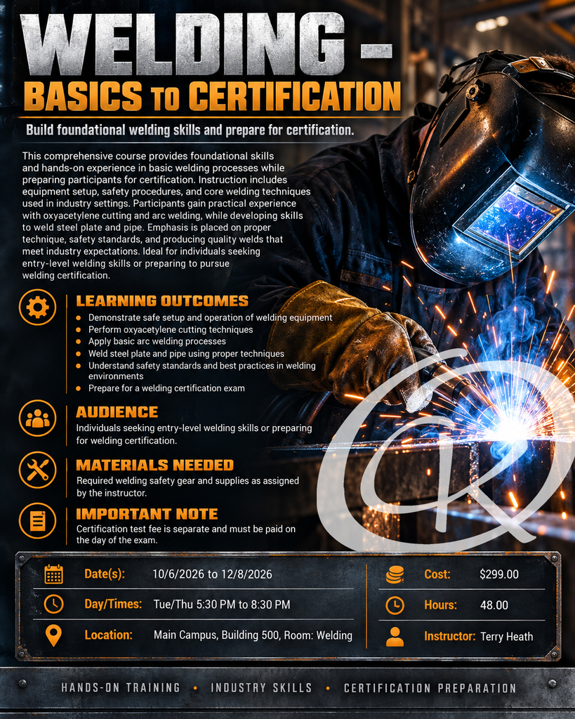 🔥 Ready to spark a new skill? 🔥 Our Welding – Basics to Certification course gives participants hands-on training in the essential skills used in today’s welding industry. 👨🏭⚙️ Students will learn: ⚡ Safe equipment setup and operation 🔥 Oxyacetylene cutting 🛠️ Basic arc welding techniques 🔩 Welding steel plate and pipe 🥽 Industry safety standards and best practices 📋 Skills to help prepare for a welding certification exam Whether you’re looking to build entry-level welding skills or take the next step toward welding certification, this course is a great place to start! 🥽 Required safety gear and supplies will be assigned by the instructor. ⚠️ Please note: The certification testing fee is separate and must be paid on the day of the exam. #CKTC #OkCareerTech #MakingADifference #Welding #WeldingTraining #SkilledTrades #CareerTraining