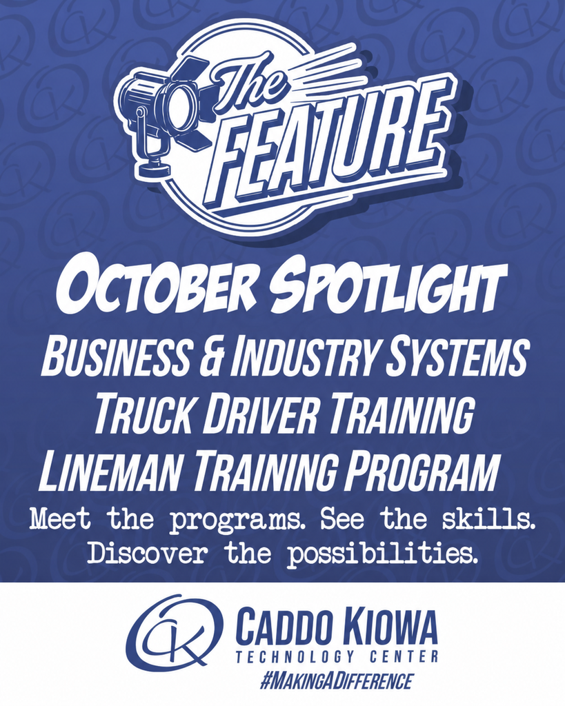 ✨ The Feature is back at CKTC! 🔦 Each month, we’re shining the spotlight on a few of the incredible programs at Caddo Kiowa Technology Center and giving you a closer look at the skills, training, and opportunities they have to offer. 👀 Meet the programs. 🛠️ See the skills in action. 🚀 Discover where CKTC can take you At CKTC, we’re proud to be Making a Difference every single dat and we’d love for you to come make a difference with us! 💛 🔦 This month, The Feature shines on: 💼 Business & Industry Systems 🚛 Truck Driver Training ⚡ Lineman Training Program Stay tuned throughout October as we take you inside each program! 👏 #CKTC | #TheFeature | #October | #BusinessAndIndustrySystems | #TruckDriverTraining | #LinemanTrainingProgram | #OkCareerTech | #MakingADifference