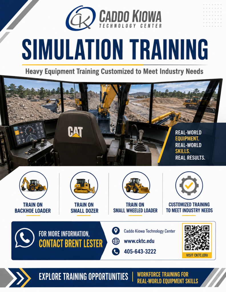 🚜 Train for the real world with CKTC Simulation Training! Caddo Kiowa Technology Center offers customized heavy equipment simulation training designed to meet industry needs. Get hands-on experience operating a backhoe loader, small dozer, and small wheeled loader while building practical skills in a realistic training environment. ✅ Real-world equipment ✅ Real-world skills ✅ Customized workforce training ✅ Training designed around industry needs Ready to explore training opportunities? Contact Brent Lester at 405-643-3222 or visit www.cktc.edu for more information. #CKTC | #SimulationTraining | #HeavyEquipment | #WorkforceTraining | #IndustryTraining | #OkCareerTech | #MakingADifference