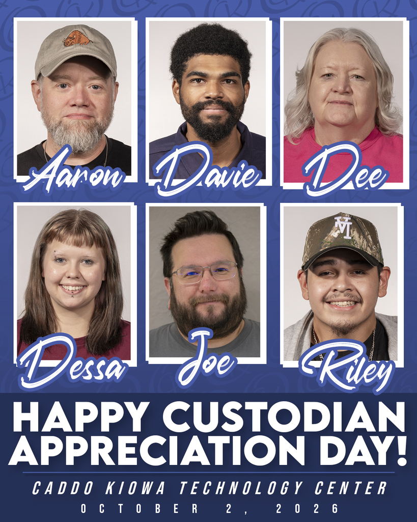 Happy National Custodian Appreciation Day! 💙 Today we proudly celebrate our amazing custodial team at Caddo Kiowa Technology Center; Aaron, Davie, Dee, Dessa, Joe and Riley! 👏 Thank you for the hard work, dedication and care you put into keeping our campus clean, safe and welcoming each and every day. Your work often happens behind the scenes, but the difference you make is seen and felt throughout CKTC. ✨ We are grateful for all you do and appreciate the pride you take in serving our students, staff and campus community. Thank you for helping make CKTC a better place every day! 💙 #CKTC | #CustodianAppreciation | #MakingADifference