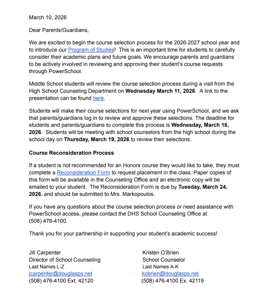 8th Grade High School Course Selection Parent/Guardian Letter