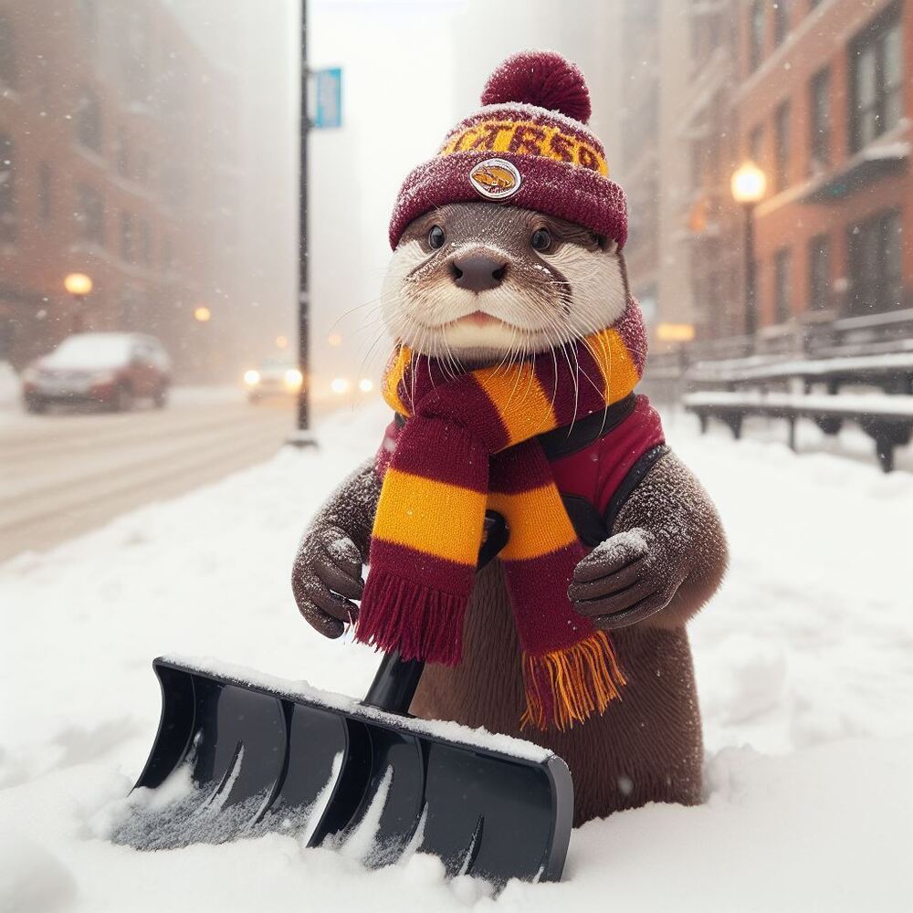 Otter shoveling snow