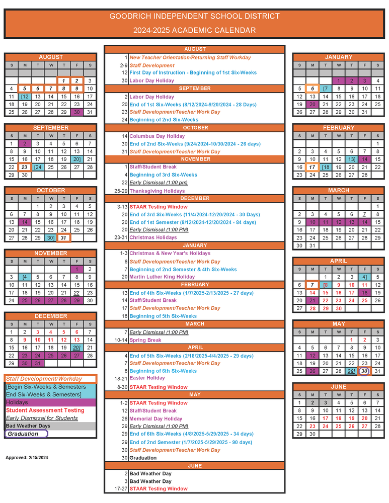 2024-2025 Academic Calendar Now Available | Goodrich Independent School District