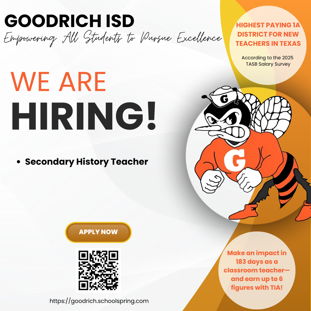 🧡🤍 Come Join Our Goodrich ISD Family! 🤍🧡  We're looking for a dedicated educator to join our team and make a difference in the lives of our students every day.  Apply here: https://goodrich.schoolspring.com/?jobid=5745149