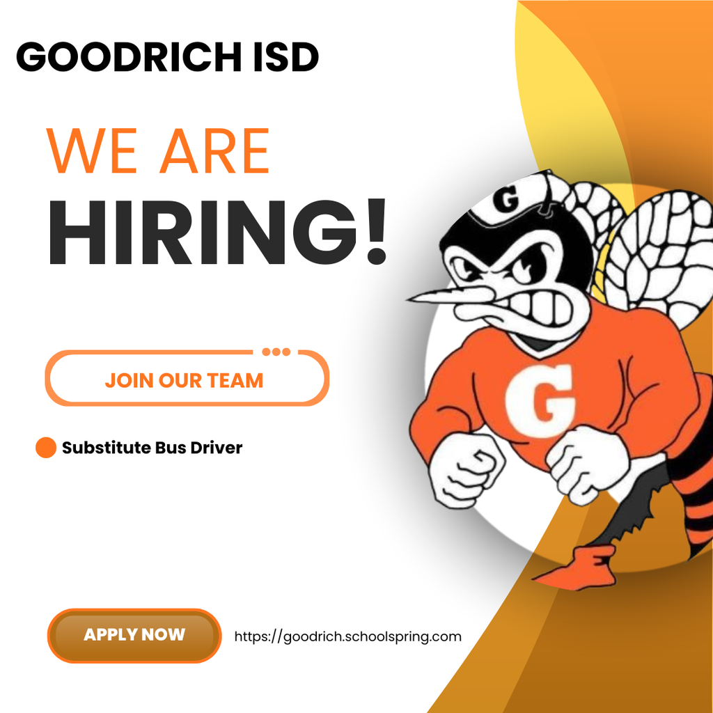 🚌 Goodrich ISD is hiring a Substitute Bus Driver! If you enjoy helping students start and end their school day with a safe ride and a friendly smile, we would love to hear from you. Join the Goodrich ISD family and make a difference in the lives of our Hornets! Apply online today: https://goodrich.schoolspring.com