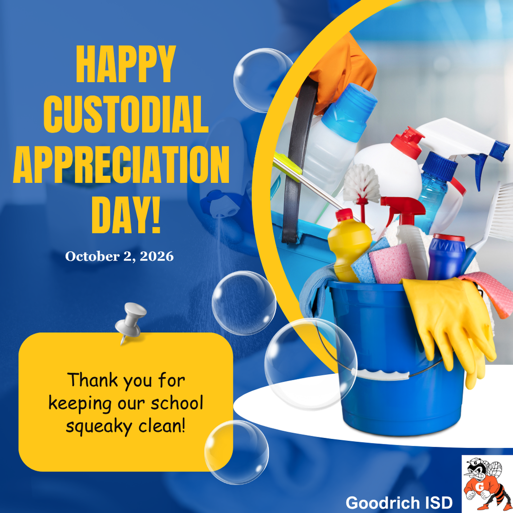 🧹✨ **Custodial Appreciation Day | October 2** ✨🧹 **“We don’t know how you do it, but you make the mess disappear!”** 🧽👏 Today, we’re giving a BIG thank you to our amazing Goodrich ISD custodial team! Your hard work, dedication, and care help keep our schools clean, safe, and welcoming for our students and staff each day. We appreciate everything you do behind the scenes to keep our Hornet Hive buzzing! 🐝🧡 **Thank you for all you do!** 🧹✨