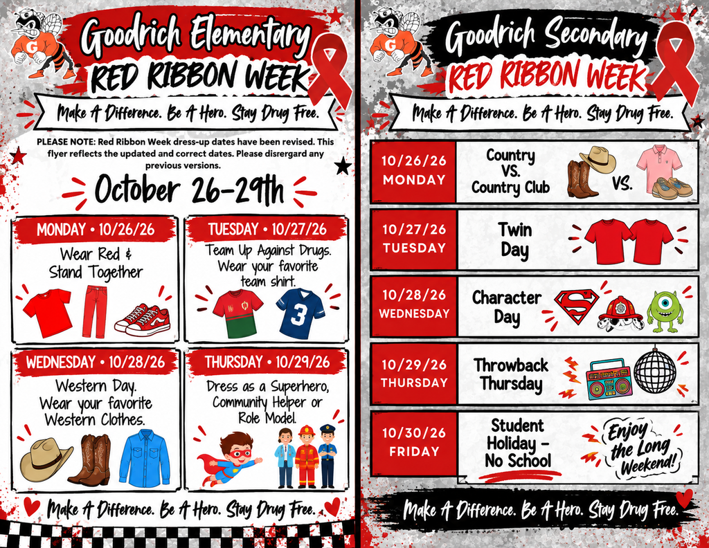 📣 Hornets, let’s have some fun for a great cause! ❤️ Join us October 26–29 for Red Ribbon Week. Dress up, show your school spirit, and help us spread the message: “Make a Difference. Be a Hero. Stay Drug Free!”